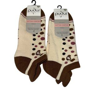 PUDUS Women's Socks Ankle Tan Brown Dots Two Pair Terry 9-11M/L Medium Large NEW